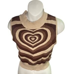 Cider Heart Wave Brown Beige Sleeveless Round Neck Cropped Sweater Top Size Lg